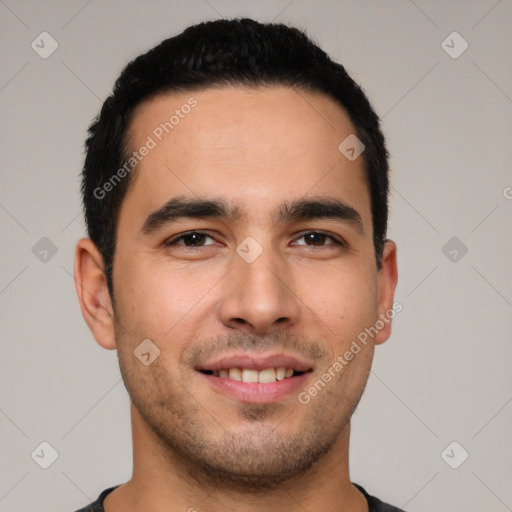 Joyful white young-adult male with short  black hair and brown eyes