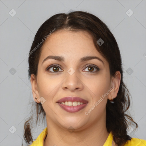 Joyful white young-adult female with medium  brown hair and brown eyes