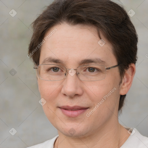 Joyful white adult female with short  brown hair and brown eyes