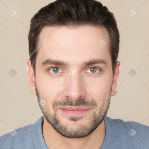 Neutral white young-adult male with short  brown hair and brown eyes