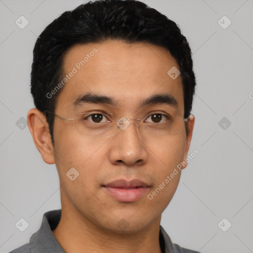 Neutral asian young-adult male with short  black hair and brown eyes