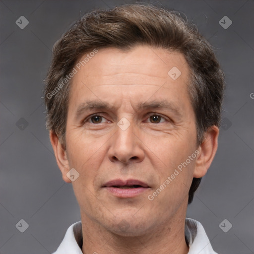 Neutral white adult male with short  brown hair and brown eyes