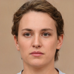 Neutral white young-adult female with short  brown hair and grey eyes