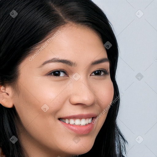 Joyful white young-adult female with long  brown hair and brown eyes