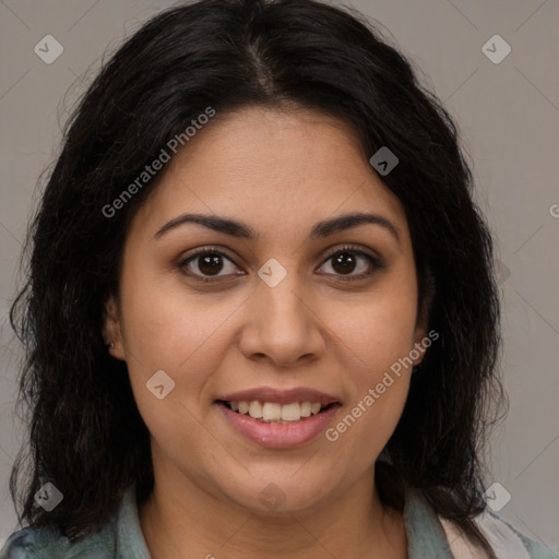 Joyful latino young-adult female with medium  brown hair and brown eyes