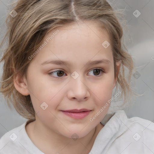 Joyful white child female with medium  brown hair and brown eyes