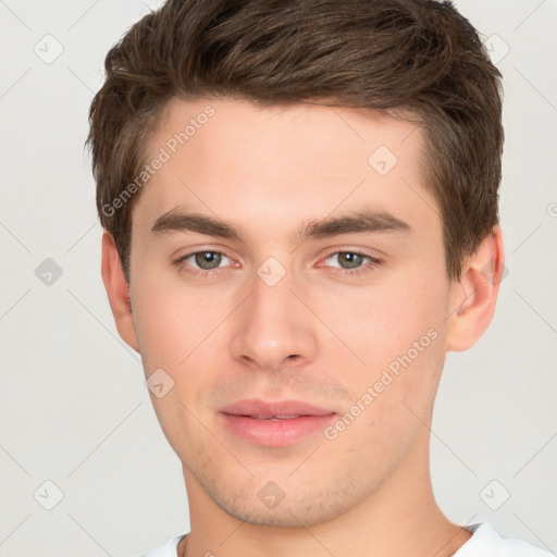 Neutral white young-adult male with short  brown hair and brown eyes