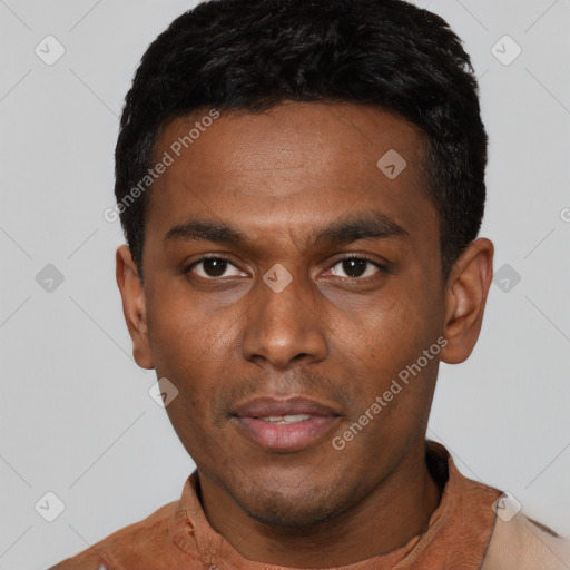Neutral latino young-adult male with short  black hair and brown eyes