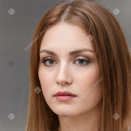 Neutral white young-adult female with long  brown hair and brown eyes