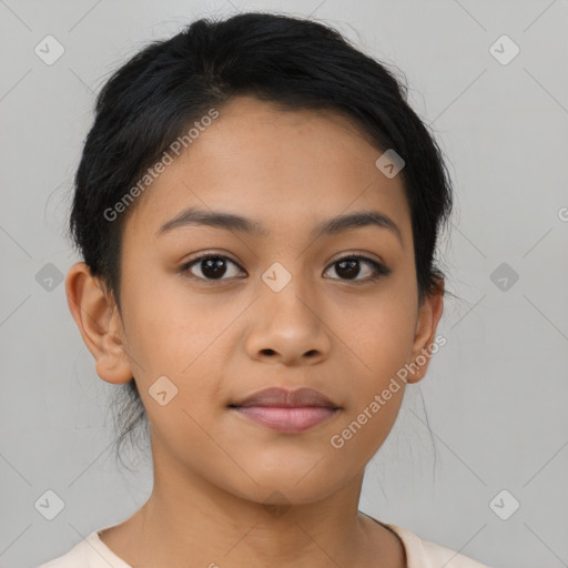 Joyful latino young-adult female with short  brown hair and brown eyes