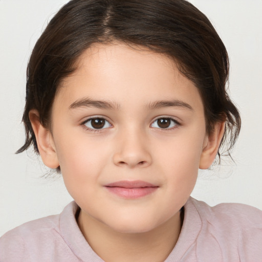 Joyful white child female with medium  brown hair and brown eyes