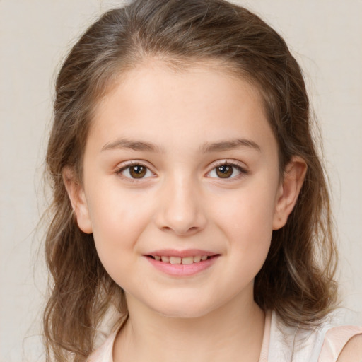 Joyful white child female with medium  brown hair and brown eyes