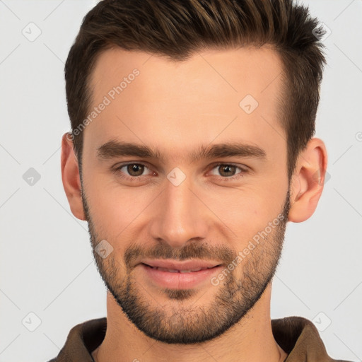 Joyful white young-adult male with short  brown hair and brown eyes