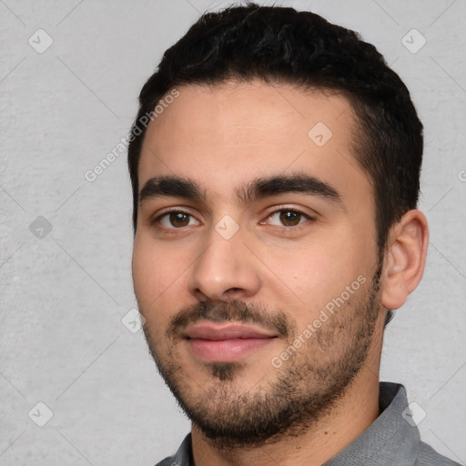 Neutral white young-adult male with short  black hair and brown eyes
