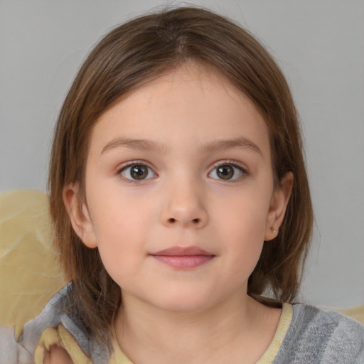 Neutral white child female with medium  brown hair and blue eyes