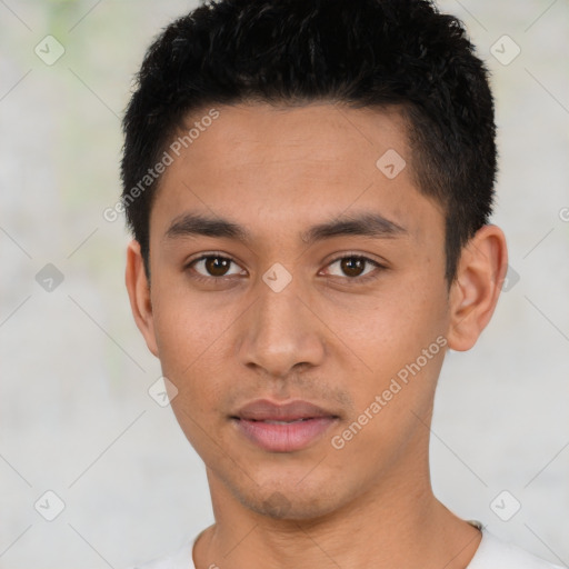 Neutral latino young-adult male with short  black hair and brown eyes