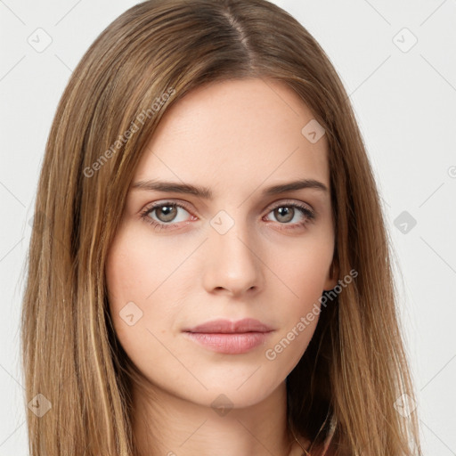 Neutral white young-adult female with long  brown hair and brown eyes