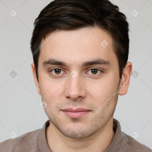 Neutral white young-adult male with short  brown hair and brown eyes