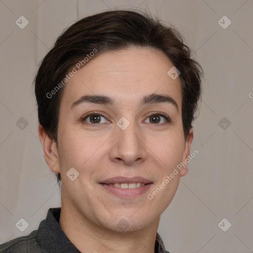 Joyful white young-adult female with short  brown hair and brown eyes