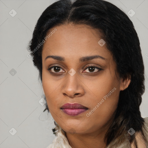 Joyful black young-adult female with medium  brown hair and brown eyes