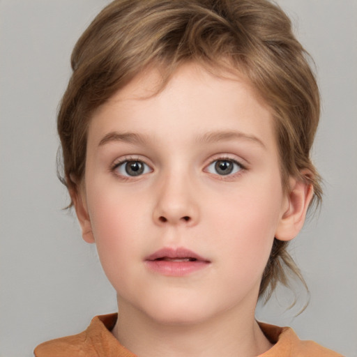 Neutral white child female with medium  brown hair and grey eyes