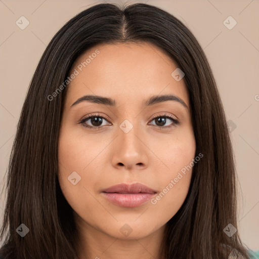 Joyful asian young-adult female with long  brown hair and brown eyes