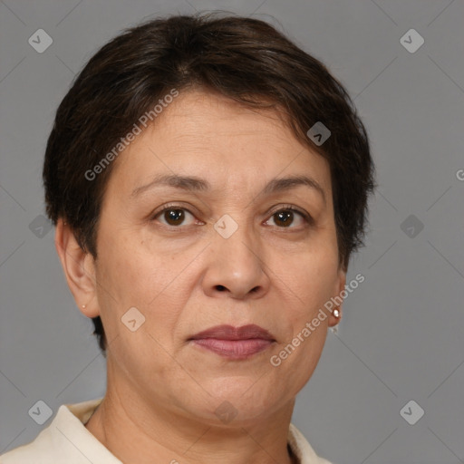 Joyful white adult female with short  brown hair and brown eyes