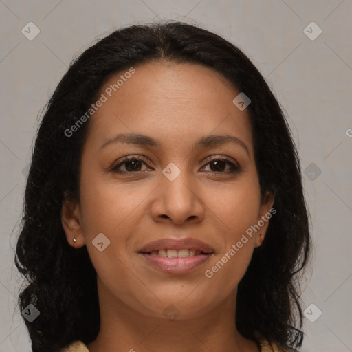 Joyful latino young-adult female with long  brown hair and brown eyes