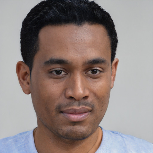 Neutral latino young-adult male with short  black hair and brown eyes