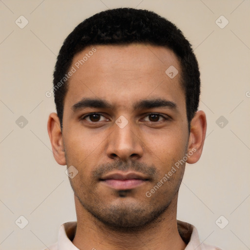 Neutral latino young-adult male with short  black hair and brown eyes