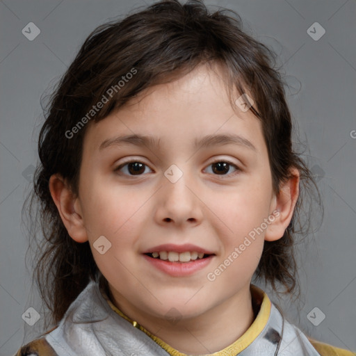 Joyful white child female with medium  brown hair and brown eyes