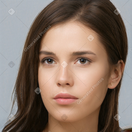 Neutral white young-adult female with long  brown hair and brown eyes