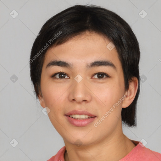 Joyful asian young-adult female with medium  black hair and brown eyes