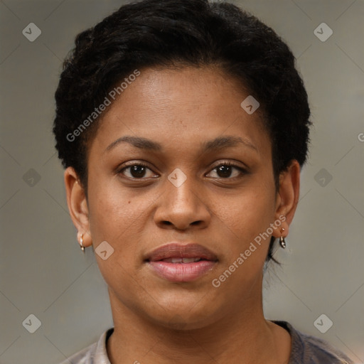 Joyful black young-adult female with short  brown hair and brown eyes