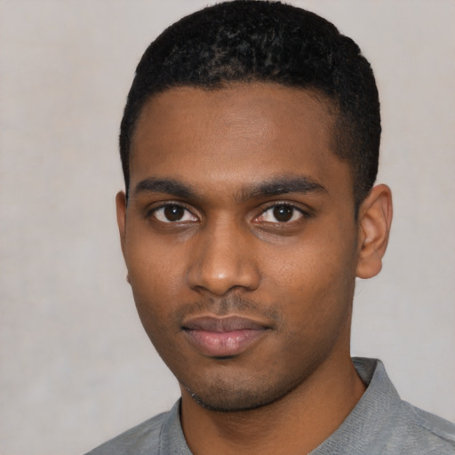 Neutral black young-adult male with short  black hair and brown eyes