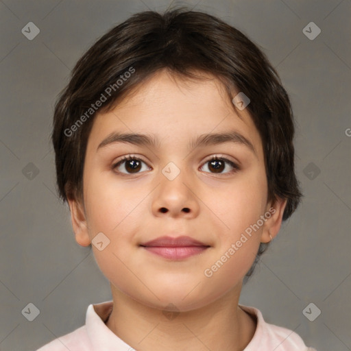 Joyful white child female with short  brown hair and brown eyes