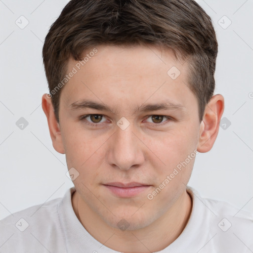 Neutral white young-adult male with short  brown hair and brown eyes