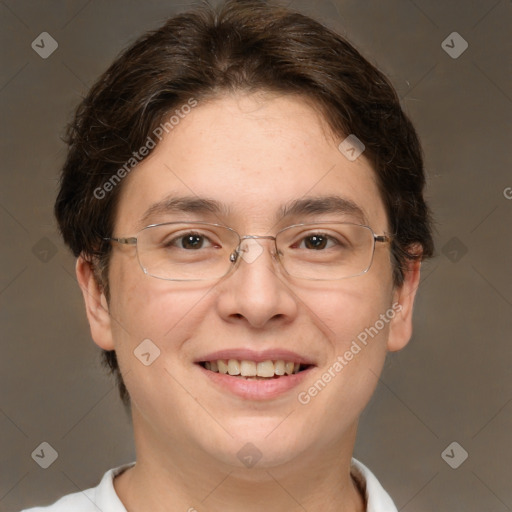 Joyful white adult female with short  brown hair and brown eyes