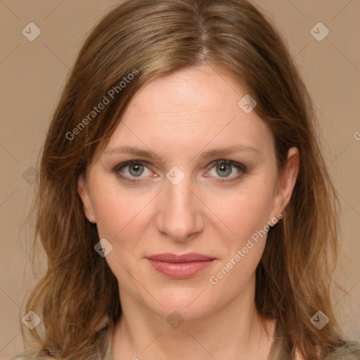 Joyful white young-adult female with medium  brown hair and green eyes