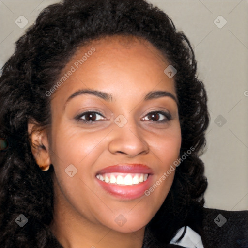 Joyful latino young-adult female with long  brown hair and brown eyes