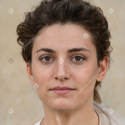 Neutral white young-adult female with short  brown hair and brown eyes