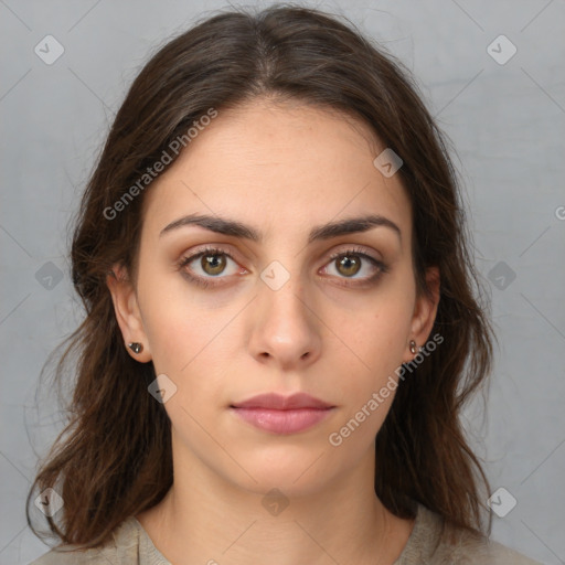 Neutral white young-adult female with medium  brown hair and brown eyes