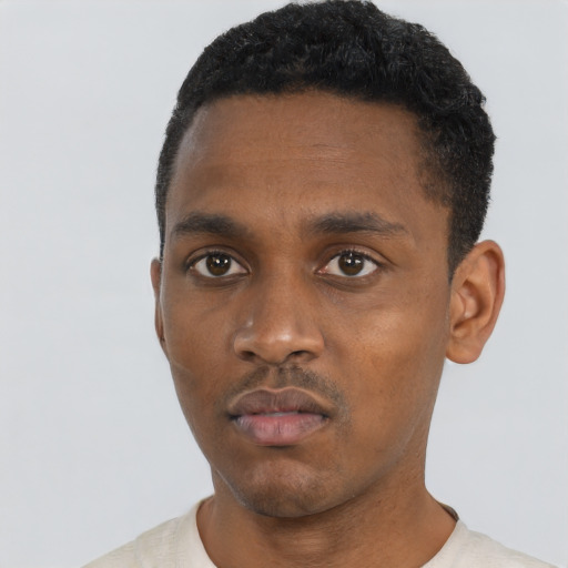 Neutral black young-adult male with short  black hair and brown eyes
