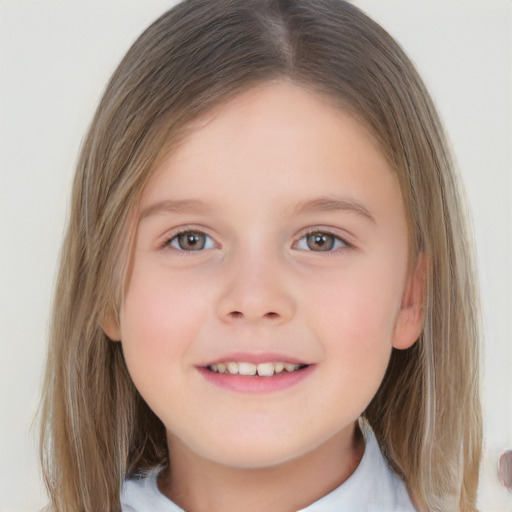 Joyful white child female with medium  brown hair and brown eyes