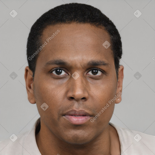 Neutral black young-adult male with short  black hair and brown eyes