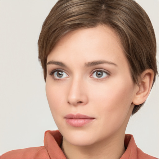 Neutral white young-adult female with short  brown hair and brown eyes