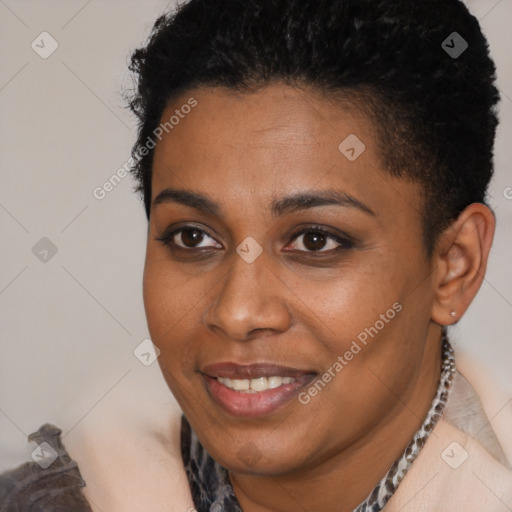 Joyful black young-adult female with short  black hair and brown eyes