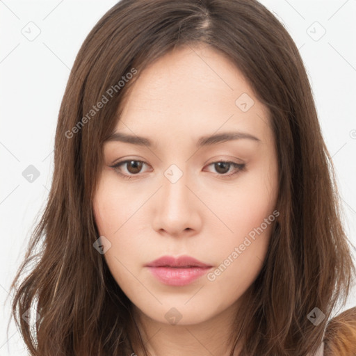 Neutral white young-adult female with long  brown hair and brown eyes