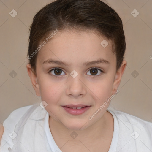 Joyful white child female with short  brown hair and brown eyes