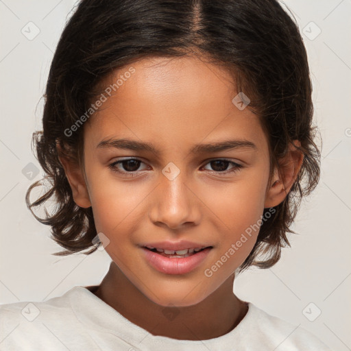 Joyful white child female with medium  brown hair and brown eyes